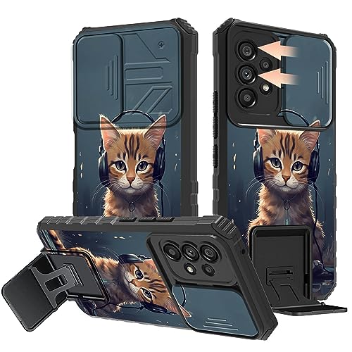 Schutzhülle für Samsung Galaxy A23 5G/4G, mit Schiebe-Kamera-Abdeckung und Ständer, zweilagig, Hybrid-Schutzhülle, stoßfest, für Samsung A23 5G/4G 16,8 cm (6,6 Zoll), Katze mit Kopfhörern von GFRGTFHYT