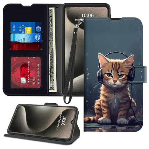 Schutzhülle für Samsung Galaxy A26 5G, 17 cm (6,7 Zoll), 2025, PU-Leder, Standfunktion, Handgelenkschlaufe, Kartenfächer, magnetisch, stoßfest, Schutzhülle für Galaxy A26 5G, Katze mit Kopfhörern von GFRGTFHYT