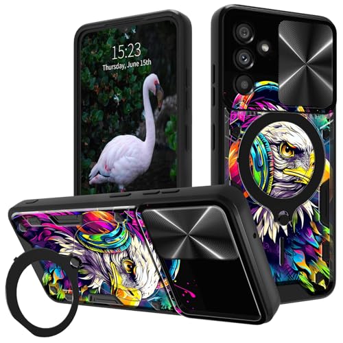Schutzhülle für Samsung Galaxy A35 5G, 16,8 cm (6,6 Zoll), mit Schiebe-Kamera-Abdeckung und 360 Grad drehbarem Ringständer, Ständer, Adler mit Kopfhörern, doppellagig, Hybrid-Hülle, strapazierfähig von GFRGTFHYT