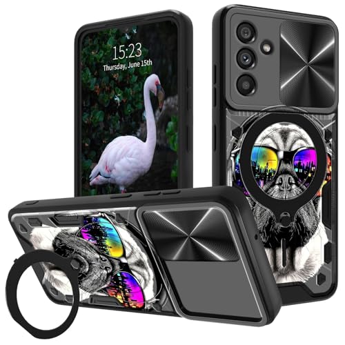 Schutzhülle für Samsung Galaxy A35 5G, 16,8 cm (6,6 Zoll), mit Schiebe-Kamera-Abdeckung und 360 Grad drehbarem Ringständer, Ständer, Hund mit Kopfhörern, doppellagig, Hybrid-Hülle, strapazierfähig von GFRGTFHYT