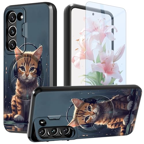 Schutzhülle für Samsung Galaxy S21 FE 5G, 16,3 cm (6,4 Zoll), mit Displayschutzfolie und Kamera-Abdeckung, Ständer, zweilagig, Hybrid-Schutzhülle, stoßfest, Motiv: Katze mit Kopfhörern von GFRGTFHYT