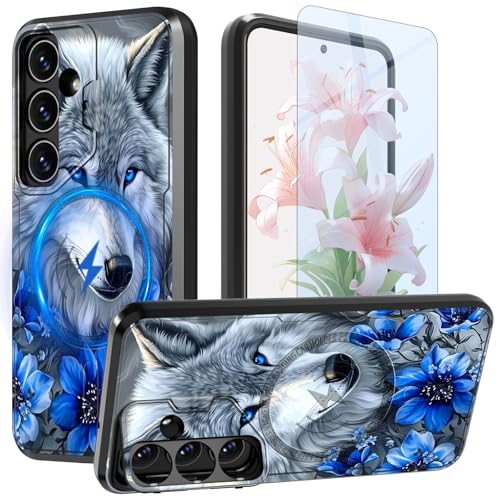 Schutzhülle für Samsung S24 Plus, 17 cm (6,7 Zoll), mit Displayschutzfolie und Kamera-Abdeckung, Ständer, integrierte Magnete, Ständer, zweilagig, magnetisch, stoßfest, weiße Wolfsblumen von GFRGTFHYT