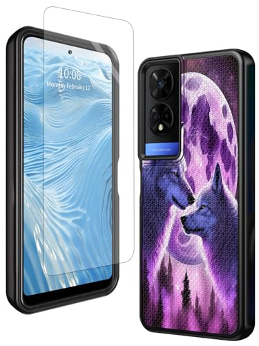 Schutzhülle für TCL 50 XE 5G, T614D 16,7 cm (6,5 Zoll), 2024, mit Displayschutzfolie aus gehärtetem Glas, Motiv: Mond und Wolf, robuster Schutz, zweilagig, weiches TPU und rutschfestes, strukturiertes von GFRGTFHYT