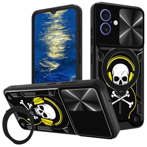Schutzhülle für iPhone 16 Plus (6,7 Zoll) mit Schiebe-Kamera-Abdeckung und 360 Grad drehbarem Ringständer, Ständer, Totenkopf-Kopfhörer, zweilagig, Hybrid-Schutzhülle, strapazierfähig, stoßfest von GFRGTFHYT