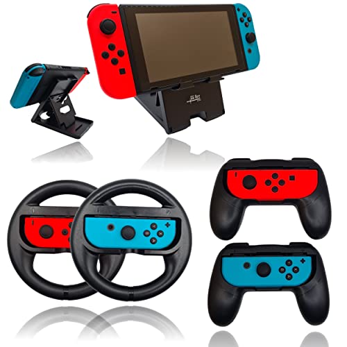 2 schwarze Controller und 2 schwarze Lenkräder für Nintendo Switch/OLED Joy-Con - KOSTENLOSE Bildschirmhalterung - Ideal für Multiplayer-Spiele - Ergonomische grips - Links und rechts kompatibel von GG Acc by GoGik