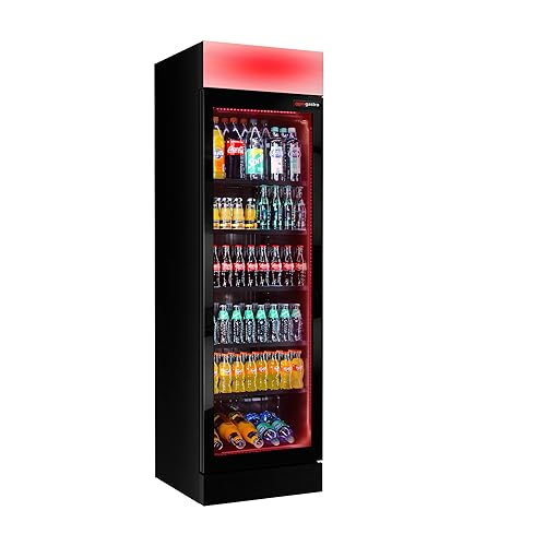 GGM Gastro Getränkekühlschrank - 345 Liter - Rahmenloses Design - 1 Glastür - Farbiges rotes Licht - Einstellbare Helligkeit - Automatischer Farbwechsel - 5 Regale - Schwarz - GK374USLED GGM Gastro Getränkekühlschrank - 345 Liter - Rahmenloses Design - 1 Glastür - Farbiges rotes Licht - Einstellbare Helligkeit - Automatischer Farbwechsel - 5 Regale - Schwarz - GK374USLED von GGM Gastro