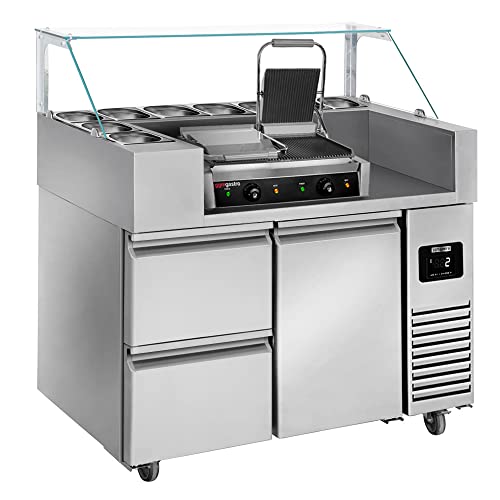 GGM Gastro | ZBF127DN#KGKB300#SBF | Zubereitungstisch - 1210mm - für 9x GN 1/6-1 Tür & 2 Schubladen - inkl. Kontaktgrill von GGM Gastro