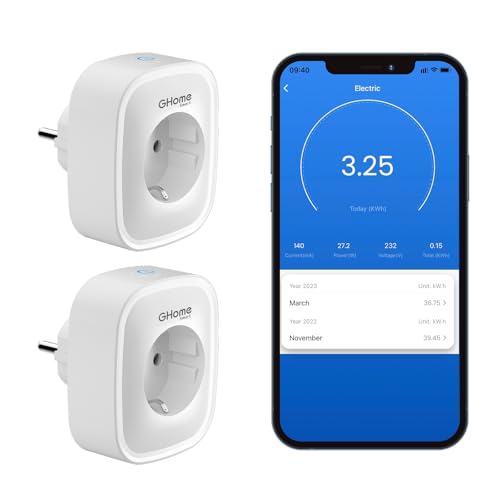 GHome Smart Steckdose mit Strommessung, 16A Wlan Steckdose kompatibel mit Alexa/Google Home, App Fernbedienung, Sprachsteuerung, Zeitplan und Timer, NUR auf 2.4 GHz WiFi von GHome Smart