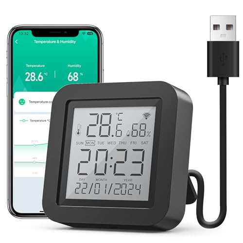 GHome Smart WiFi Thermometer Hygrometer, Smart Infrarot-Fernbedienung, Digital Temperatur luftfeuchtigkeitsmesser mit App-Benachrichtigungsalarm, kompatibel mit Alexa und Google Assistant(1 Pack) von GHome Smart