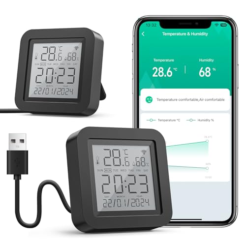 GHome Smart WLAN Thermometer Hygrometer, Smart Infrarot-Fernbedienung, Digital Temperatur luftfeuchtigkeitsmesser mit App-Benachrichtigungsalarm, kompatibel mit Alexa und Google Assistant(2 Pack) von GHome Smart