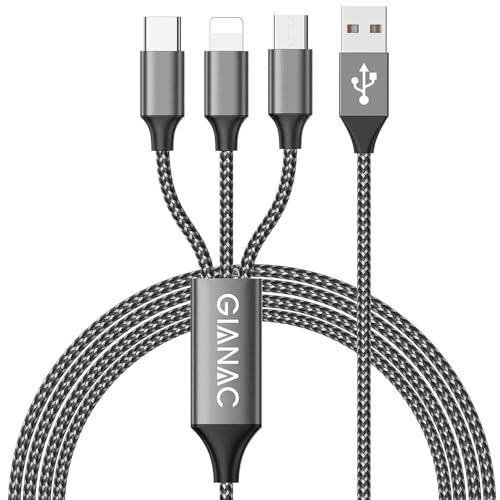 GIANAC Multi USB Kabel, Universal Ladekabel [2M] Schnell 3 in 1 Mehrfach iP Micro USB Typ C Lightning Cable für iPhone, Android Galaxy, Huawei, Oneplus, Sony, LG, Honor View-Gray von GIANAC