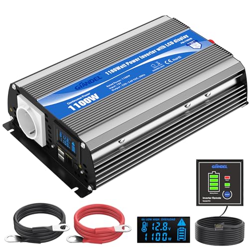 GIANDEL 1100W Modifizierter Sinus Wechselrichter 12V auf 230V Spannungswandler Power Inverter mit LCD-Bildschirm & Fernbedienung & Dual 2.4A USB-Anschlüsse EU-Steckdose für Wohnmobil Auto von GIANDEL