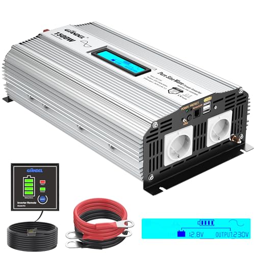 GIANDEL 1500W Reiner Sinus Wechselrichter DC 12V auf AC 230V Spannungswandler Power Inverter mit 2.4A Doppelte USB-Anschlüsse und Fernbedienung und LCD-Anzeige für Wohnmobil-LKW von GIANDEL