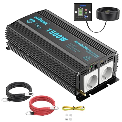 GIANDEL 1500W Wechselrichter Reiner Sinus 12V auf 230V KFZ Spannungswandler Power Inverter mit Fernbedienung und USB Anschlüsse für Wohnmobil LKW Auto von GIANDEL