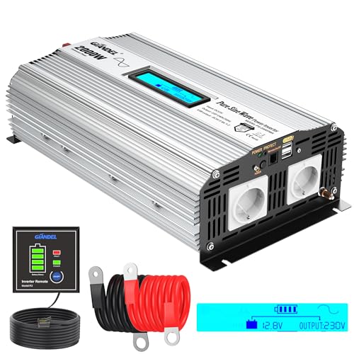 GIANDEL 2000W Reiner Sinus Wechselrichter DC 12V auf AC 230V Spannungswandler Kompatibel mit LiFePO4-Batterie Power Inverter mit 2x2.4A USB und Fernbedienung und LCD-Anzeige für Wohnmobil-LKW von GIANDEL