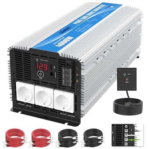 GIANDEL 4000W Heavy Duty Wechselrichter Reiner Sinus Spannungswandler 12V 230V Power Inverter mit 3 EU-Steckdosen Fernbedienung 2.4A USB und LED-Anzeige für Wohnmobil-LKW von GIANDEL