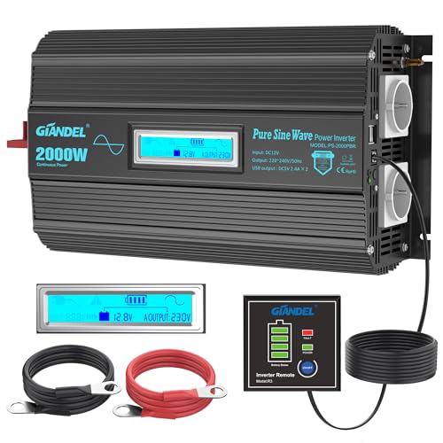 GIANDEL 2000W Reiner Sinus Wechselrichter 12V auf 230V Spannungswandler mit Magnetisches Ringdesign, Batteriekabel aus Reinem Kupfer, Kompatibel mit Lithium-Batterie, LCD Bildschirm Für Wohnmobil, LKW von GIANDEL