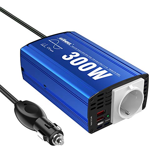 GIANDEL Reiner Sinus Wechselrichter 300W Spannungswandler 12V DC 230V AC Kfz-Adapter mit 4.8A Dual USB und Steckdose Für Tablets Laptops Smartphones von GIANDEL