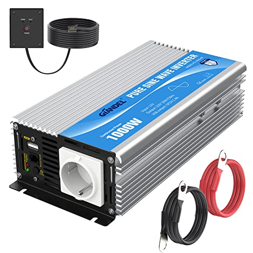 GIANDEL Wechselrichter 12V auf 230V Reiner Sinus 1000W KFZ Spannungswandler Umwandler-Inverter Konverter mit Fernbedienung EU-Steckdose & 2.4A USB-Anschluss von GIANDEL