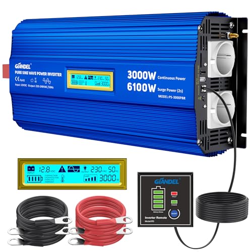GIANDEL 3000W Reiner Sinus Wechselrichter 12V auf 230V Spitzenleistung 6100W Spannungswandler Kompatibel mit LiFePO4 Power Inverter mit Fernbedienung und USB-C PD 30W für Wohnmobil Camping Wohnwagen von GIANDEL