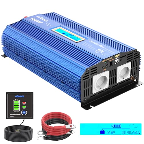 Reiner Sinus Wechselrichter 1500W Spannungswandler 12V auf 230V Power Inverter mit 2 AC-Steckdosen 2x2.4A USB-Anschlüsse Fernbedienung und Bildschirm LCD für Wohnmobil von GIANDEL von GIANDEL