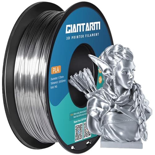 GIANTARM PLA filament 1.75mm,3D Drucker printer Filament 335M/Rolle 1kg,Vakuumverpackt gut gewickeltes ohne Warping filament,Silk Silber von GIANTARM