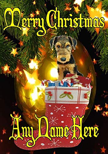 Weihnachtskarte, Motiv: Airedale Terrier, Welpe, Weihnachtsstrumpf, A5, personalisierbar von GIFTSFORALL