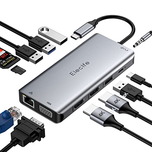 USB C Docking Station Triple Display USB C Hub mit Dual 4K HDMI, VGA, Ethernet RJ45, 4 USB Ports, 100 W PD und SD /TF Kartenleser, 3,5 mm AUX für Dell XPS , Lenovo Yoga, Huawei Surface MacBook von GIISSMO
