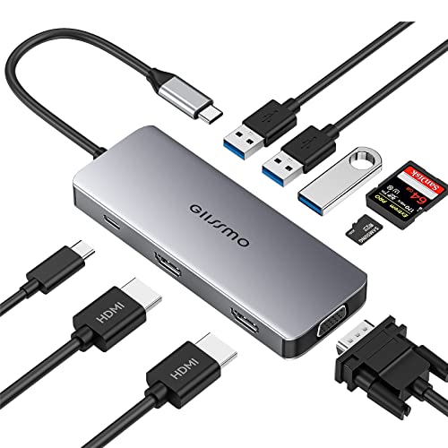 USB C Hub, Docking Station, GIISSMO 9-in-1 USB-C Triple Display Docking Station with Multiport Adapter, Dual 4K HDMI, VGA, 3 USB 3.0, 100W PD and TF/SD Card Reader for MacBook Pro and HP Dell Laptops von GIISSMO