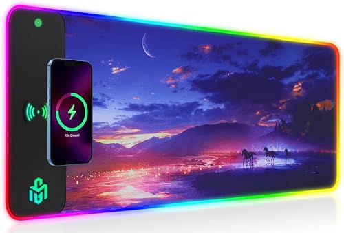 GIM Kabelloses Laden RGB-Gaming-Mauspad 10 W, LED-Mauspad 800x300x4 mm, 10 Lichtmodi, extra großes Mauspad, rutschfeste Gummiunterseite, Laptop, Schreibtisch (Sonnenuntergang) von GIM