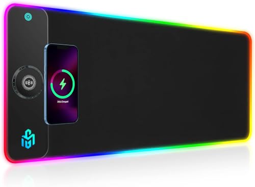 RGB Gaming Mauspad 15W Qi Mousepad LED, 10 Beleuchtungsmodi mit 15W Schnellladung Qi Kabelloses Laden für I-Phone Handy, Kopfhörer, Wasserdicht, rutschfest für Gaming, Schreibtische, PC und Büro von GIM