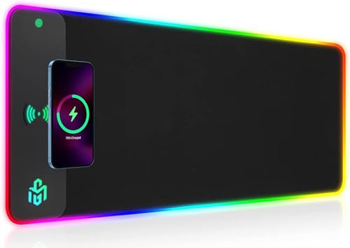 GIM RGB Gaming Mauspad 15W Qi Mousepad LED 800x300x4mm 10 Beleuchtungsmodi mit 10W Schnellladung Qi Kabelloses Laden für I-Phone 13/13 Pro Handy, Kopfhörer, Wasserdicht, rutschfest von GIM