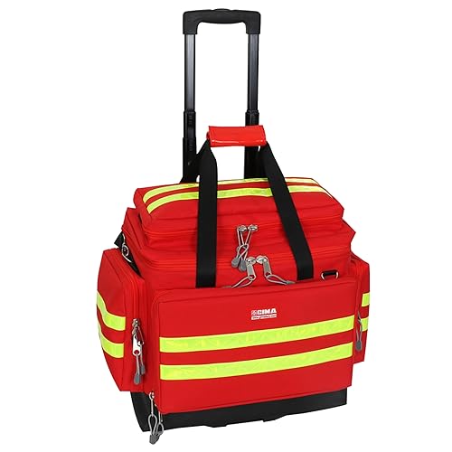 GIMA Smart Notfalltasche mit Trolley Medium, Farbe Rot, doppelte gelbe Streifen, Außentaschen, Innentaschen, abnehmbare Tasche mit transparentem Fenster, Größe 56 x 32,5 x 49 cm von GIMA