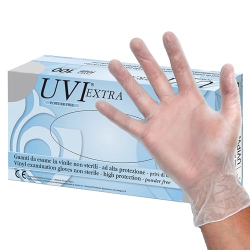UVI Extra – Einweg-Vinyl-Untersuchungshandschuhe UVI Typ C, Talkumfrei, unsteril, latexfrei, DM-Klasse I, PSA-Risikokategorie III, Größe Large, Spender mit 100 beidhändig tragbaren Handschuhen von GIMA
