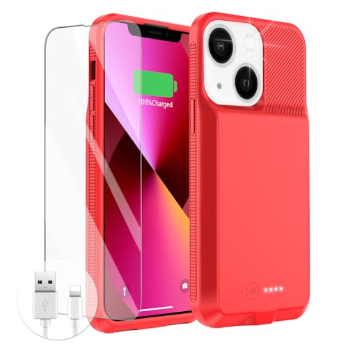 Akkuhülle für iPhone 13/13 Pro/14/14 Pro, ultradünne Ladehülle, echte 7000 mAh, wiederaufladbar, Anti-Fallschutz, verlängerte Ladehülle für iPhone 13/13Pro/14/14 Pro Akkuhülle (15,5 cm), Rot von GIN FOXI