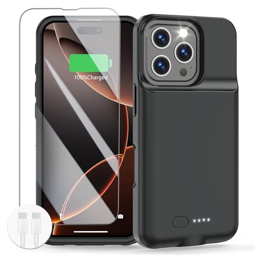 GIN FOXI Akkuhülle für iPhone 16 Pro Max, 15 W, Schnellladegerät, 8500 mAh, ultradünn, leicht, Akku, wiederaufladbar, Anti-Fall, TPU-Saftbox für iPhone 16 Pro Max (6,9 Zoll), Schwarz von GIN FOXI