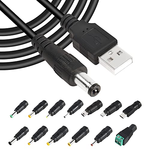 GINTOOYUN 5 V USB2.0 auf DC Stromkabel USB2.0 auf DC 5,5 mm x 2,1 mm Universal-Ladekabel mit 13 Anschlusssteckern für Laptops, Lautsprecher, Powerbanks, Router usw. (60,2 Zoll) von GINTOOYUN