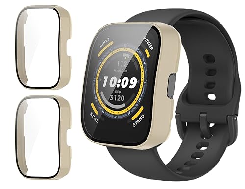 GIOPUEY [2 Stück Hülle Kompatibel mit Amazfit Bip 5, Glasschutzfolie + Hartplastikrahmen, 360° Rundumschutz, Amazfit Bip 5 Cover - beige+beige von GIOPUEY