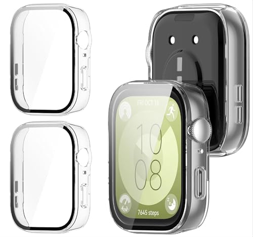 GIOPUEY [2 Stück Hülle Kompatibel mit Huawei Watch Fit 3, Glasschutzfolie + Hartplastikrahmen, 360° Rundumschutz, Huawei Watch Fit 3 Cover - Transparent+Transparent von GIOPUEY