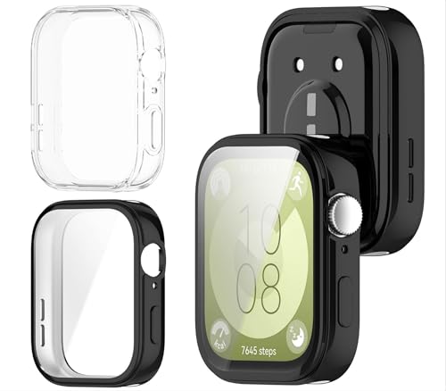 GIOPUEY [2 Stück Hülle Kompatibel mit Huawei Watch Fit 3, Soft TPU, Shock Resistant, Huawei Watch Fit 3 Cover - Black+Transparent von GIOPUEY