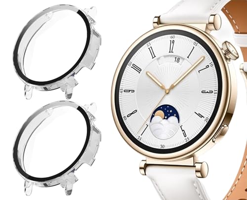 GIOPUEY [2 Stück Hülle Kompatibel mit Huawei Watch GT 4 41mm, Glasschutzfolie + Hartplastikrahmen, 360° Rundumschutz, Huawei Watch GT 4 41mm Cover - Transparent+Transparent von GIOPUEY