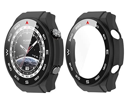 GIOPUEY [2 Stück Hülle mit kompatiblem Huawei Watch Ultimate, Glasschutzfolie + Hartplastikrahmen, 360° Rundumschutz, Huawei Watch Ultimate Cover - Black+Black von GIOPUEY