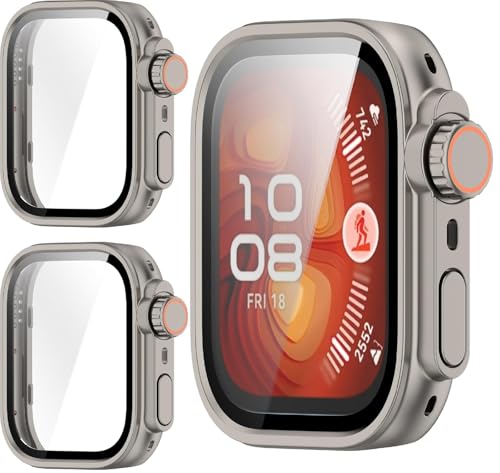 GIOPUEY Hülle Kompatibel mit Huawei Watch Fit 4, [2 Stück] Glasschutzfolie + Hartplastikrahmen, 360° Rundumschutz Cover - Titanium+Titanium von GIOPUEY