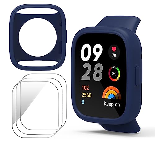 GIOPUEY Silikon Hülle Kompatibel mit Redmi Watch 3 Active, mit 3 Stück Schutzfolie, Weich TPU Silikon Schutz Case Cover, Redmi Watch 3 Active Schutzhülle - Dark Blue von GIOPUEY