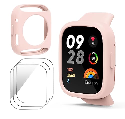 GIOPUEY Silikon Hülle Kompatibel mit Redmi Watch 3 Active, mit 3 Stück Schutzfolie, Weich TPU Silikon Schutz Case Cover, Redmi Watch 3 Active Schutzhülle - Pink von GIOPUEY
