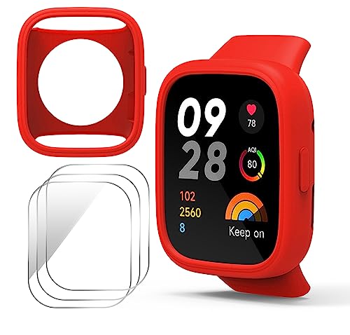 GIOPUEY Silikon Hülle Kompatibel mit Redmi Watch 3 Active, mit 3 Stück Schutzfolie, Weich TPU Silikon Schutz Case Cover, Redmi Watch 3 Active Schutzhülle - Red von GIOPUEY