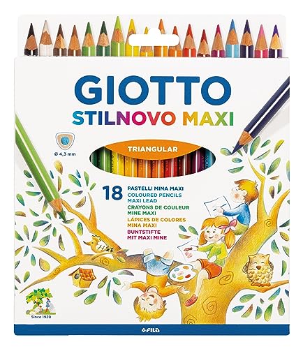 GIOTTO Stilnovo Maxi Buntstifte, dick, dreieckig, Mine 4,3 mm, verschiedene Farben, 18 Stück von GIOTTO