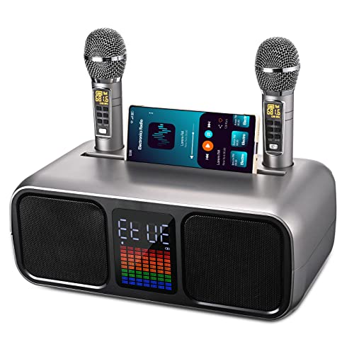 GJCrafts Karaoke Maschine Party Speaker mit 2 Wireless Microphones, Karaoke Lautsprecher mit Touch-Screen, LED Light und Telefonständer, Karaoke Speaker Kinder mit/USB/TF/AU (Silber) von GJCrafts
