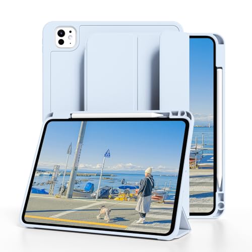 GKABXY Neue Hülle für iPad Pro 13 Zoll (Modell 2024, 7. Generation) mit Pencil-Halter, Dreifach Faltbarer Ständer, unterstützt Pencil Pro und Pencil (USB-C), Auto Schlafen/Wachen, Hellblau von GKABXY