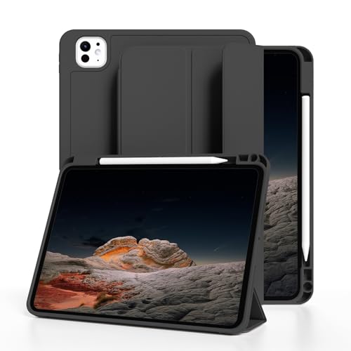GKABXY Neue Hülle für iPad Pro 13 Zoll (Modell 2024, 7. Generation) mit Pencil-Halter, Dreifach Faltbarer Ständer, unterstützt Pencil Pro und Pencil (USB-C), Auto Schlafen/Wachen, Schwarz von GKABXY